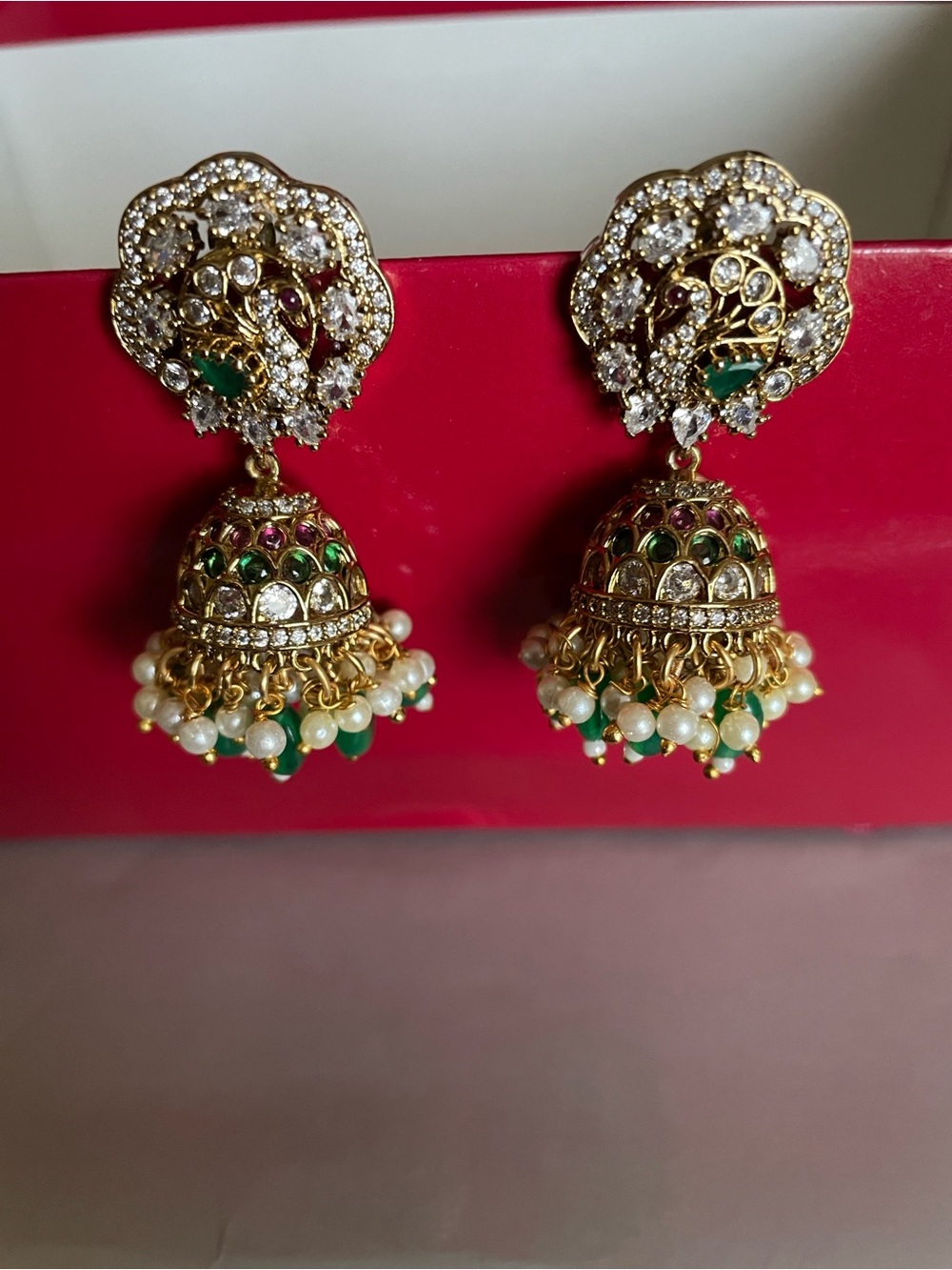 Gold-tone Green & White Jhumka Earrings with Pearl Fringe